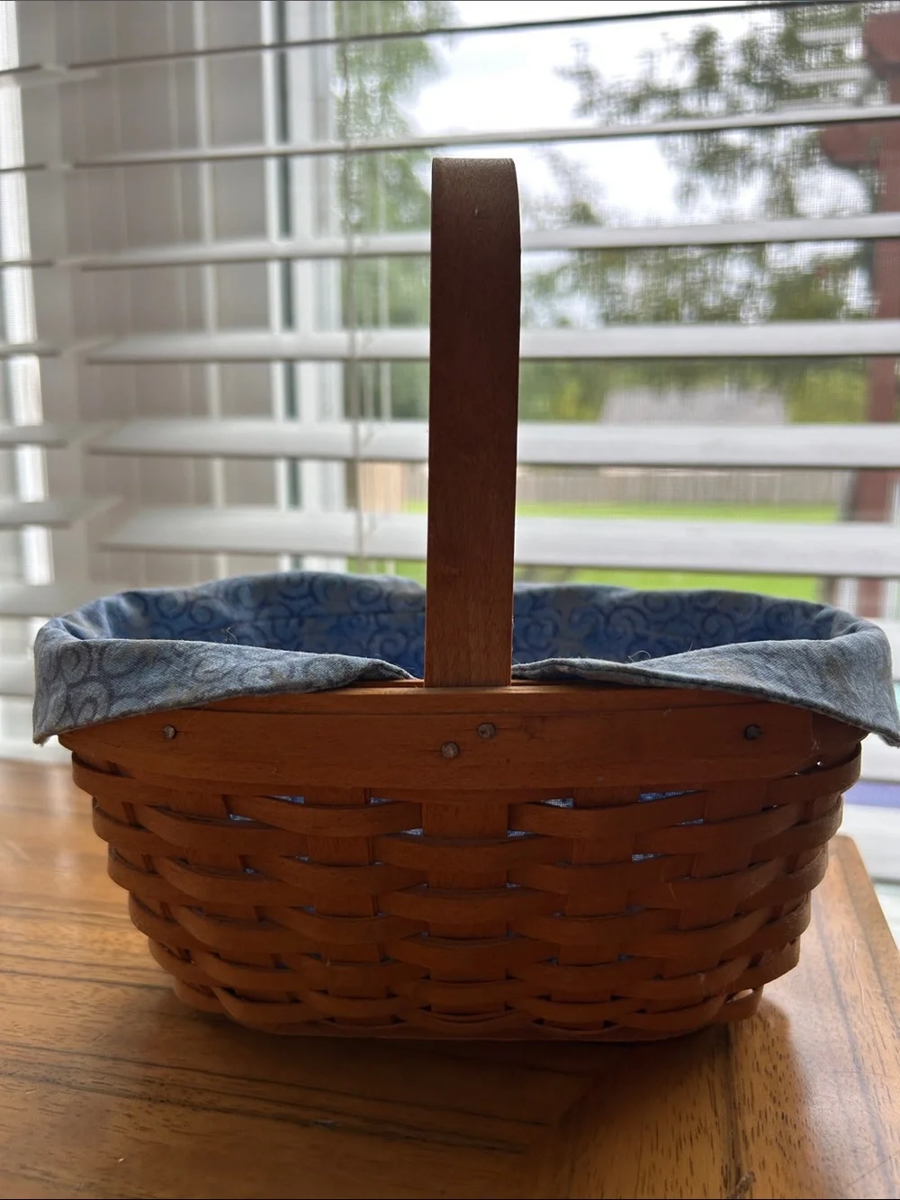 Longaberger Natural Wood Basket with Blue Fabric Liner